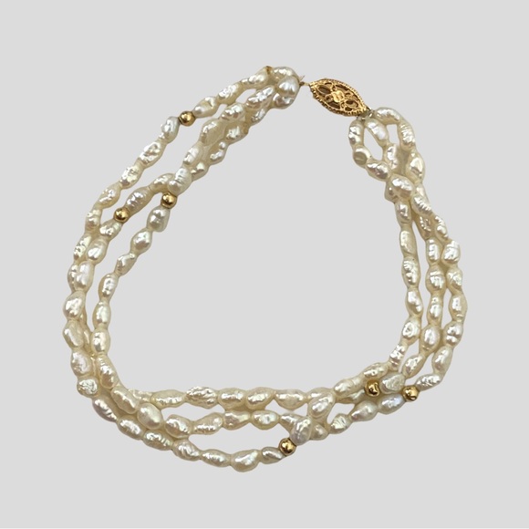 Vintage 3 Strand Baroque Pearl 14K Gold Bracelet 7.5" - Picture 5 of 5